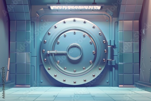 Realistic 3D modern illustration of a bank safe and vault door with a metal steel round gate mechanism in an empty bunker room with a tiled floor and durable walls. Storage for gold and money.
