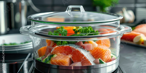 Steaming Salmon and Vegetables in Transparent Steamer. Close-up of salmon fillets and fresh vegetables steaming in a glass pot with hot steam.