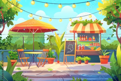 The cartoon illustration shows an outdoor cafe, a summer booth in a park, and a stall with street food drinks and snacks. The cafeteria has a table, chairs, umbrella, plants, as well as lighting
