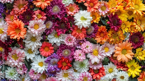 Colorful blooming flowers background, top view.