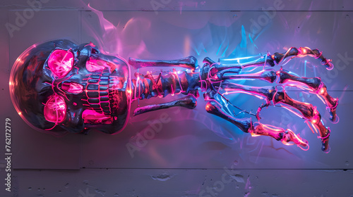 A vibrant skeleton sculpture illuminated by neon lights in a dark setting, creating a mesmerizing visual effect.