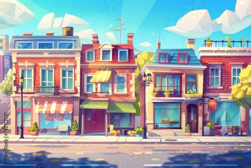 In this cartoon, a city street has nice homes and a cafe. A modern illustration shows brick facades with windows and doors, empty sidewalks, and a sunny street in the morning.
