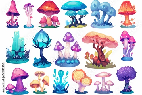 Mushrooms  plants  alien world  magic plants  isolated set. Unusual nature flora or fauna elements  strange fairy tale or extraterrestrial assets  cartoon modern illustration.