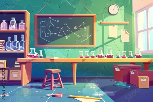 Cartoon illustration of chemical cabinet, empty classroom laboratory with chemical formula on blackboard, beakers for experiments on the desk, furniture and school supplies. photo