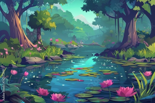 Water lilies in a swamp. Dreamy mystic scenery with an ooze-covered wild pond, cartoon modern illustration. photo