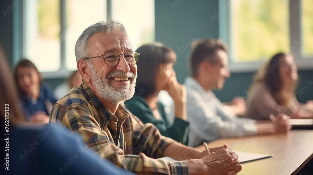 Senior Man Happily Participating Classroom Senior Man Happily Participating Classroom