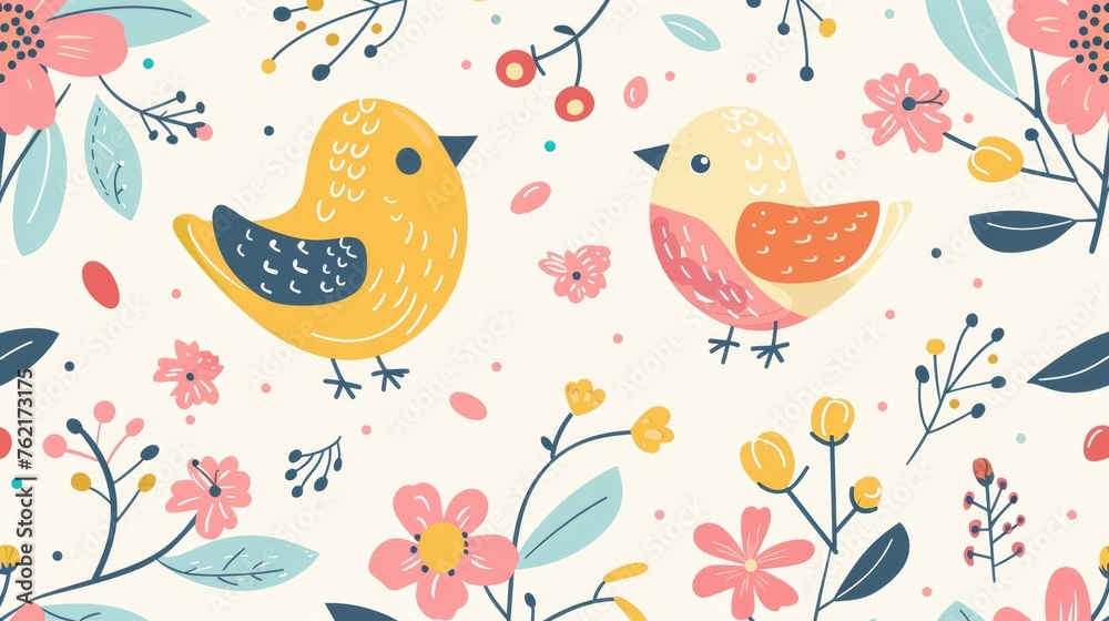 With birds and flowers on a seamless modern background. Suitable for children. With birds and flowers on a seamless modern background. Suitable for children.