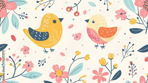 With birds and flowers on a seamless modern background. Suitable for children.