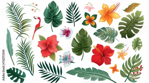 A tropical collection of exotic flowers and leaves isolated on white background. Modern design.