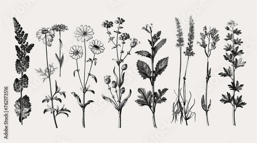 Botany set comprising herbs and wild flowers. Vintage style black and white illustration.