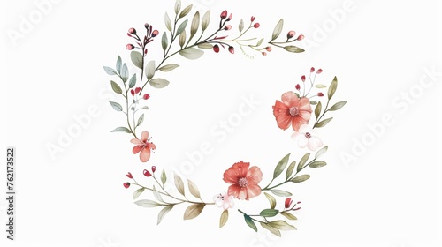 An adorable wreath featuring flower  leaf  and branch images in a vintage watercolor style. Modern circle background for your text.