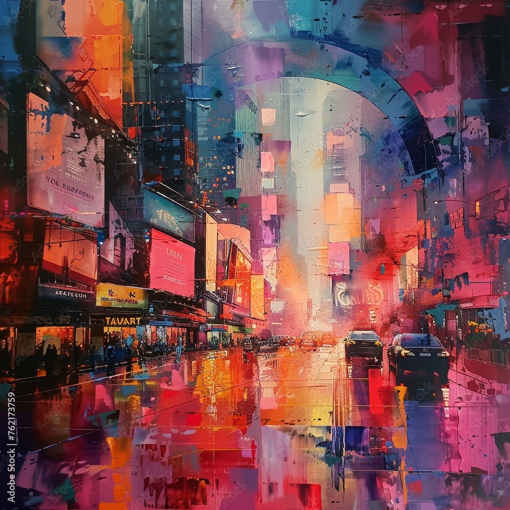 Vivid abstract art on canvas, depicting the lively essence of city existence through colors and forms