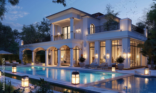3d rendering of large white house with pool and modern garden at dusk. The villa has classic Greek style architecture, with clear glass windows on the front facade that reflect the blue sky above photo
