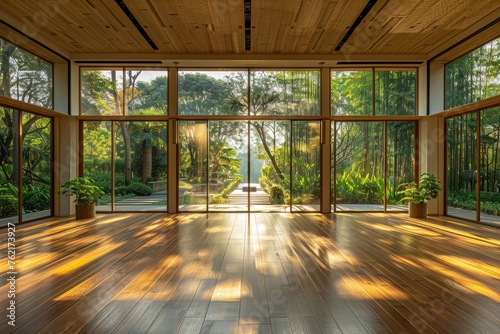 A large room with wooden floors and lots of windows