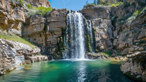 A majestic waterfall cascading down rugged cliffs into a crystal-clear pool below