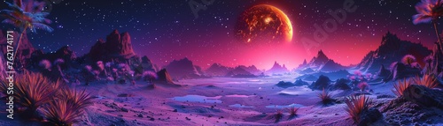 Explore visionary terrains on undiscovered planets with exotic bioluminescent landscapes