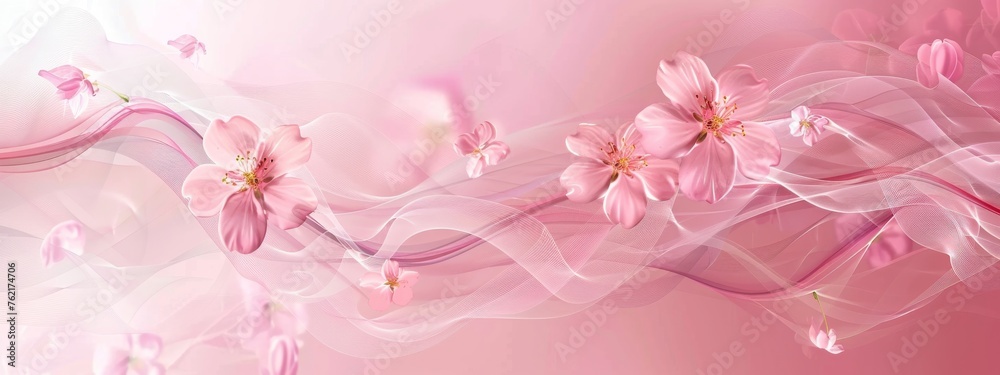 Abstract painted flowers. Spring concept. Template for banner decoration, invitation, greeting card. Pink colored.