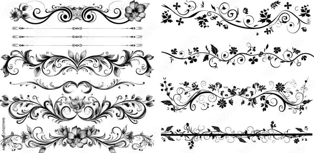 Floral ornament border, vintage hand drawn decorations and flourish sketch calligraphic divider vector set
