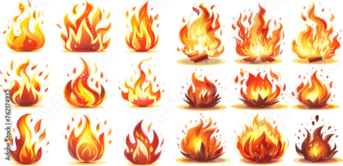 Fire flames, bright fireball, heat wildfire and red hot bonfire, campfire, red fiery flames isolated vector illustration set