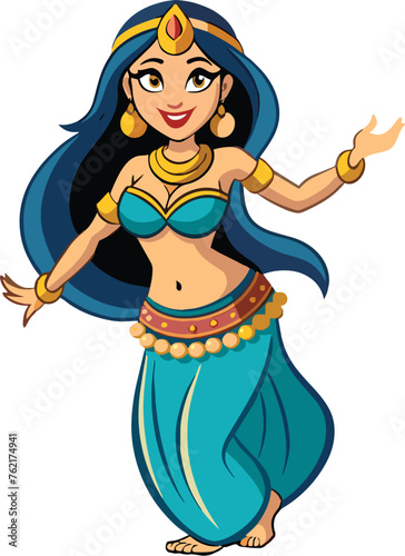 Vibrant illustration of a cartoon belly dancer dressed in traditional attire, performing a dance pose