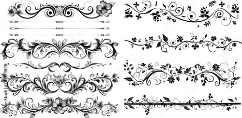 Floral ornament border, vintage hand drawn decorations and flourish sketch calligraphic divider vector set