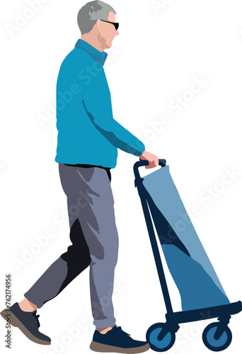 Senior man with walking trolley vector illustration