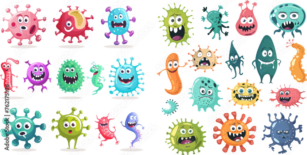 Germs characters with funny faces, bacteria and disease viruses mascots