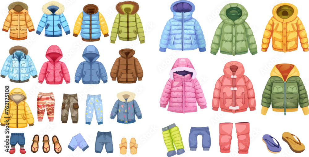 Puffer jacket, pants, shirt, sandals childrens outfits vector illustration set - obrazy, fototapety, plakaty 