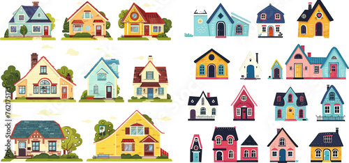 Cartoon small town houses, minimalism city buildings, minimal suburban residential house vector illustration icons set