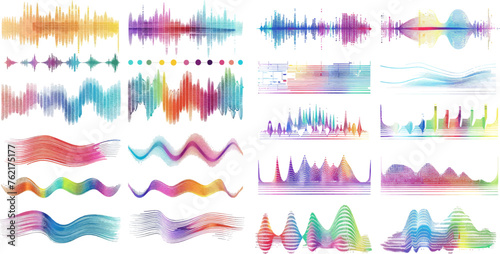 Audio signal wave, color gradient music waveforms and digital studio equalizer vector set