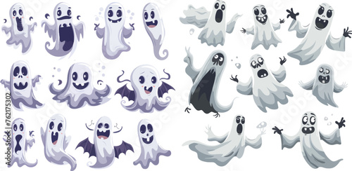 Scary ghost characters, fly funny spook, cute smiling scare halloween ghost mascots vector illustration set