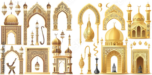 Arabesque mosque, arch, hookah, eastern lantern, patterned borders vector illustration set