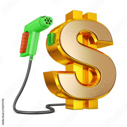 Electric car charging plug with a gold dollar on a white background. 3d rendering.