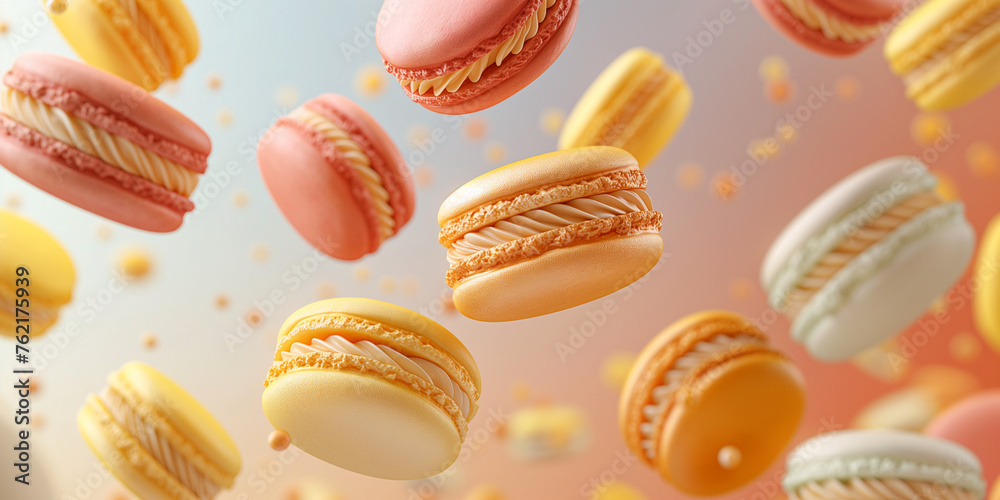 Fliegende bunte Macronen in Nahaufnahme für Poster