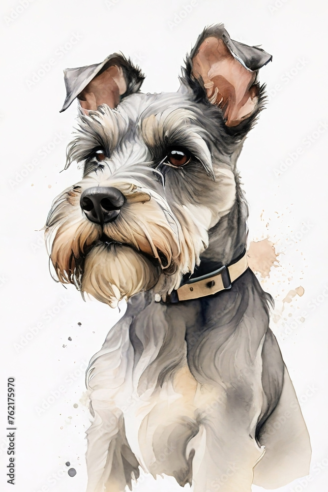 Miniature Schnauzer dog portrait. Digital watercolor painting.