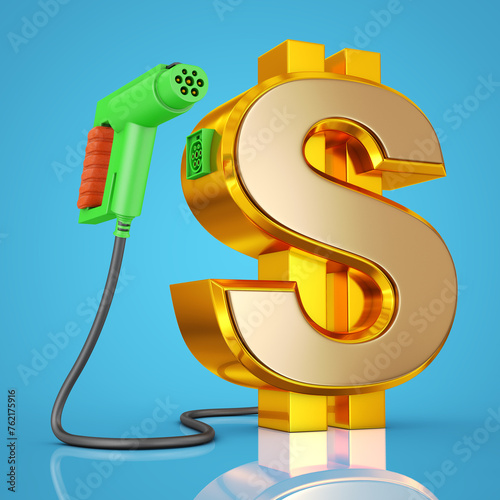 Electric car charging plug with a gold dollar on a blue background. 3d rendering.