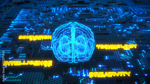 Conceptual composition of a glowing human brain on a circuit board. 3D rendering.