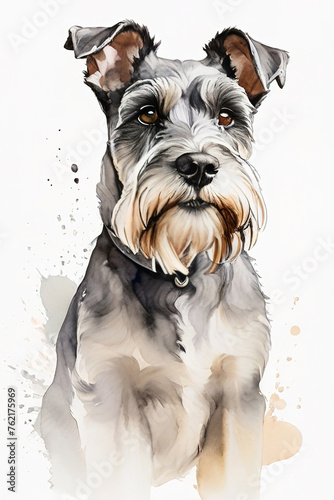 Miniature Schnauzer dog portrait. Digital watercolor painting.