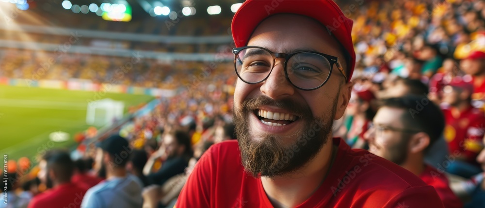 Portrait of male football fan wearing sports jersey. in the stands, men supporters inflamed by the football match. Generative ai Portrait of male football fan wearing sports jersey. in the stands, men supporters inflamed by the football match. Generative ai