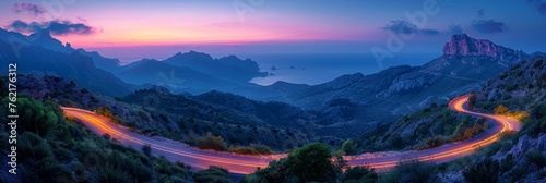 A picturesque mountain road at dawn, offering stunning views of the picturesque landscape.