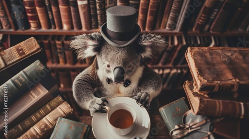 Charming Koala Relaxing in Vintage Library AI Generated. photo