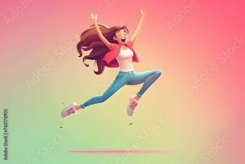 Freudensprung: Cartoonfigur springt vor Freude in die Luft auf farbigem Hintergrund