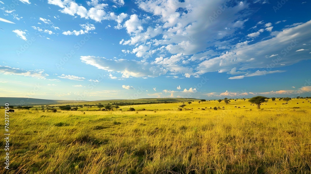 A vast, open savanna teeming with wildlife, under the vast expanse of an African sky A vast, open savanna teeming with wildlife, under the vast expanse of an African sky