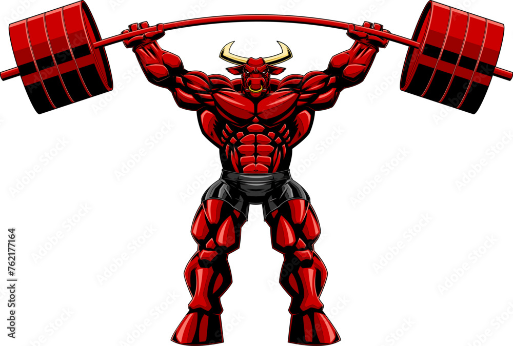 Naklejka premium Muscular Red Bull Bodybuilder Mascot Lifting Big Barbell. Vector Hand Drawn Illustration Isolated On Transparent Background