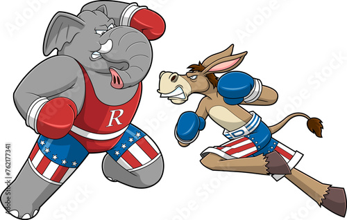 Republican Elephant And Democrat Donkey Cartoon Characters Boxing. Vector Hand Drawn Illustration Isolated On Transparent Background