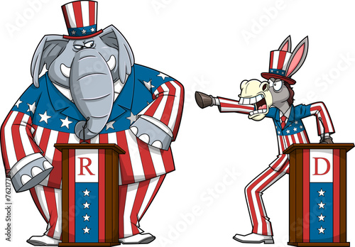 Republican Elephant vs Democrat Donkey Cartoon Characters Vector Hand Drawn Illustration Isolated On Transparent Background
