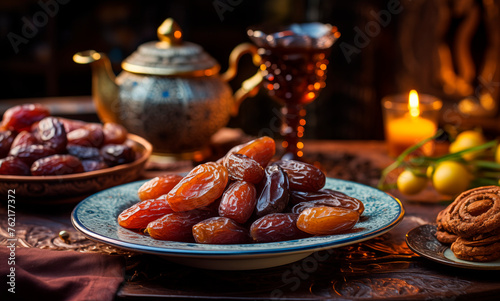 Assorted of dried dates is served on antique plates and with tea. Islamic religion and Ramadan concept. Evening composition, iftar time. Eastern background