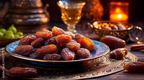 Assorted of dried dates is served on antique plates and with tea. Islamic religion and Ramadan concept. Evening composition, iftar time. Eastern background