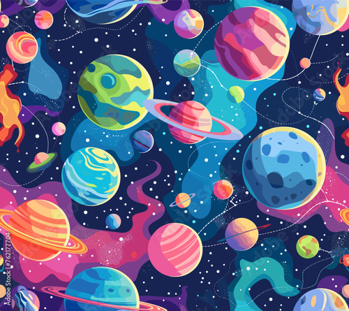 Seamless pattern illustration variety of planets and starry space backdrop.