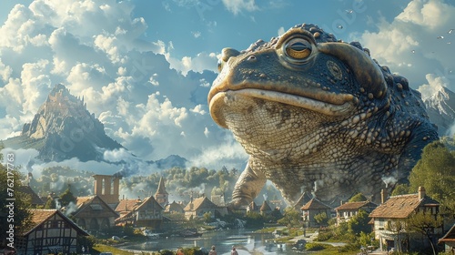 Within a surreal landscape a colossal sunshaped toad hovers above a whimsical village their inhabitants